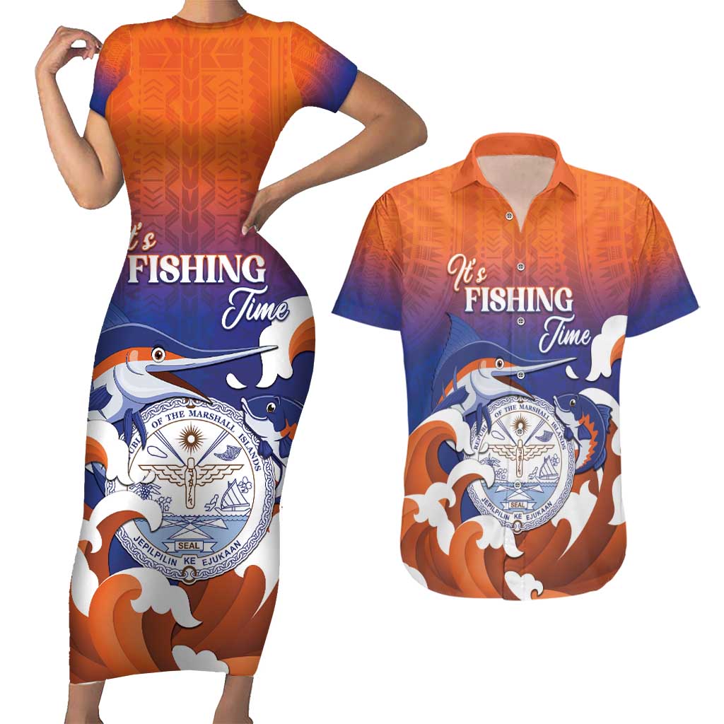 Marshall Islands Fishermen's Day Couples Matching Short Sleeve Bodycon Dress and Hawaiian Shirt It's Fishing Time