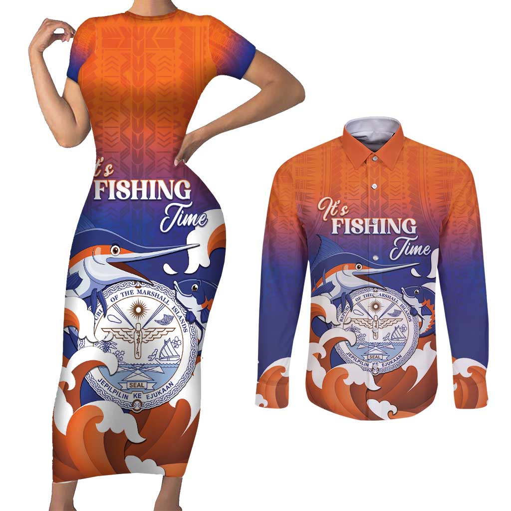 Marshall Islands Fishermen's Day Couples Matching Short Sleeve Bodycon Dress and Long Sleeve Button Shirt It's Fishing Time