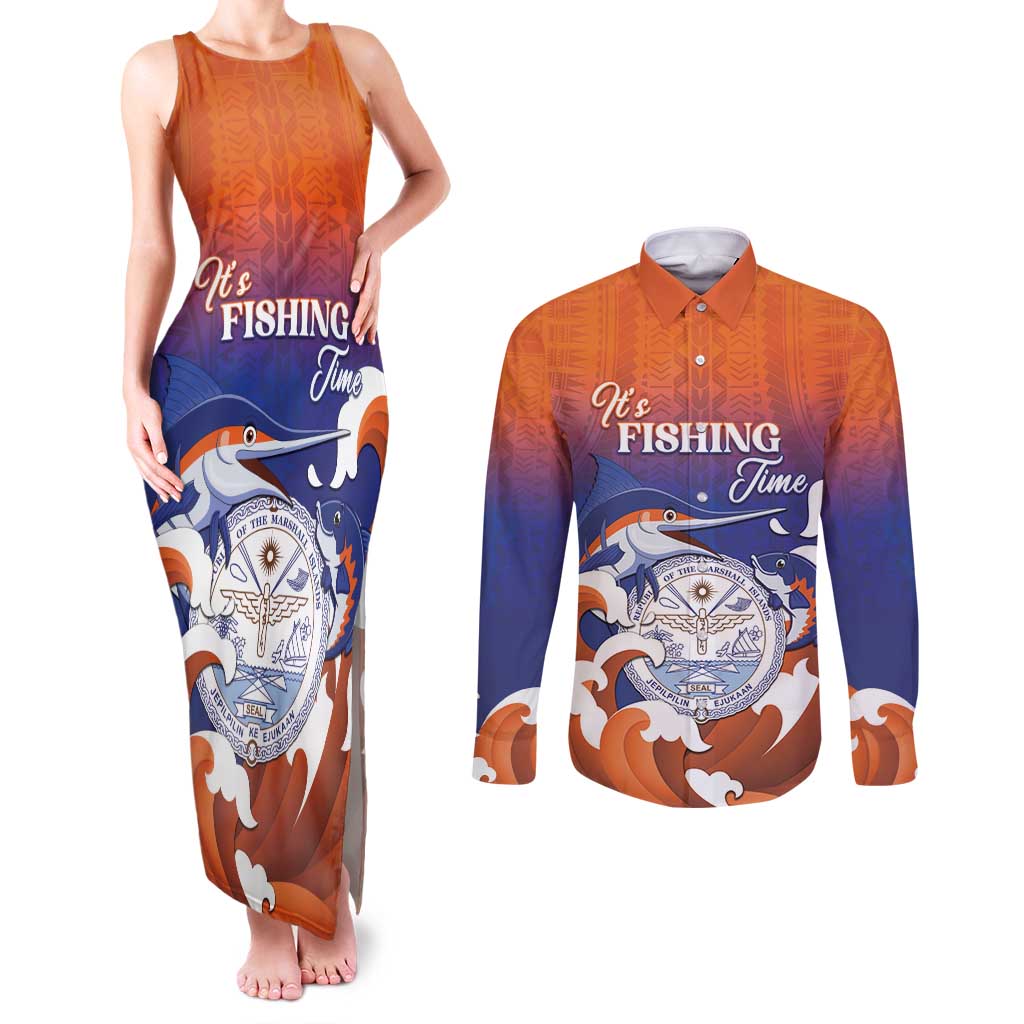 Marshall Islands Fishermen's Day Couples Matching Tank Maxi Dress and Long Sleeve Button Shirt It's Fishing Time
