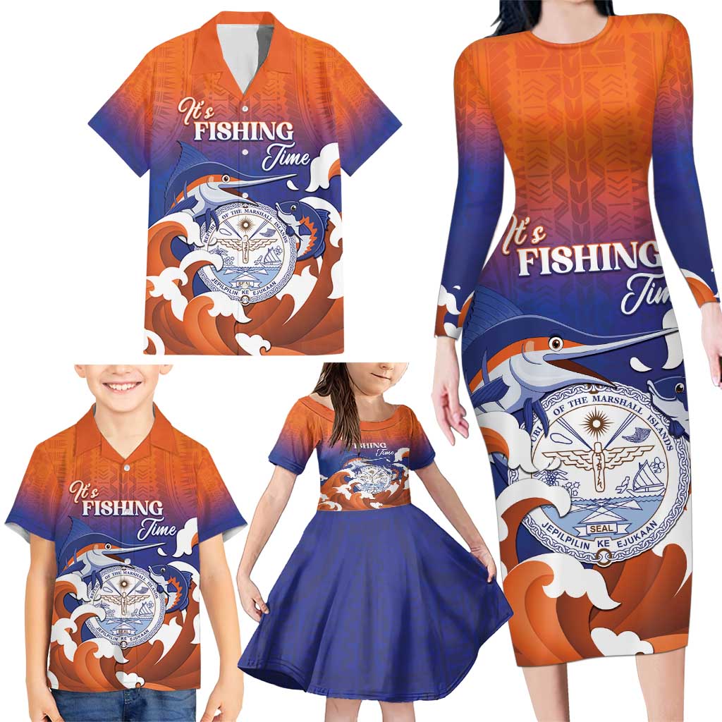 Marshall Islands Fishermen's Day Family Matching Long Sleeve Bodycon Dress and Hawaiian Shirt It's Fishing Time