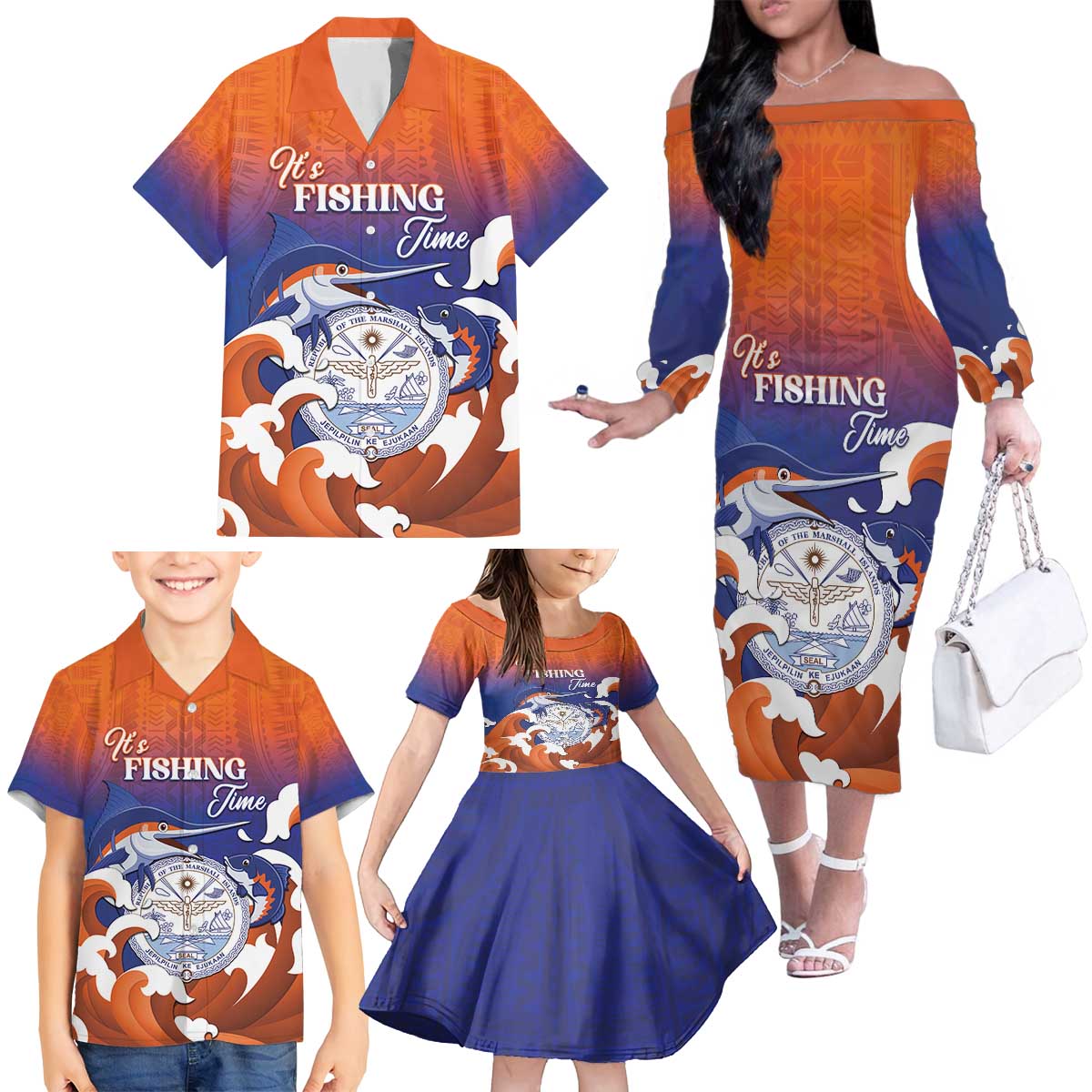 Marshall Islands Fishermen's Day Family Matching Off The Shoulder Long Sleeve Dress and Hawaiian Shirt It's Fishing Time