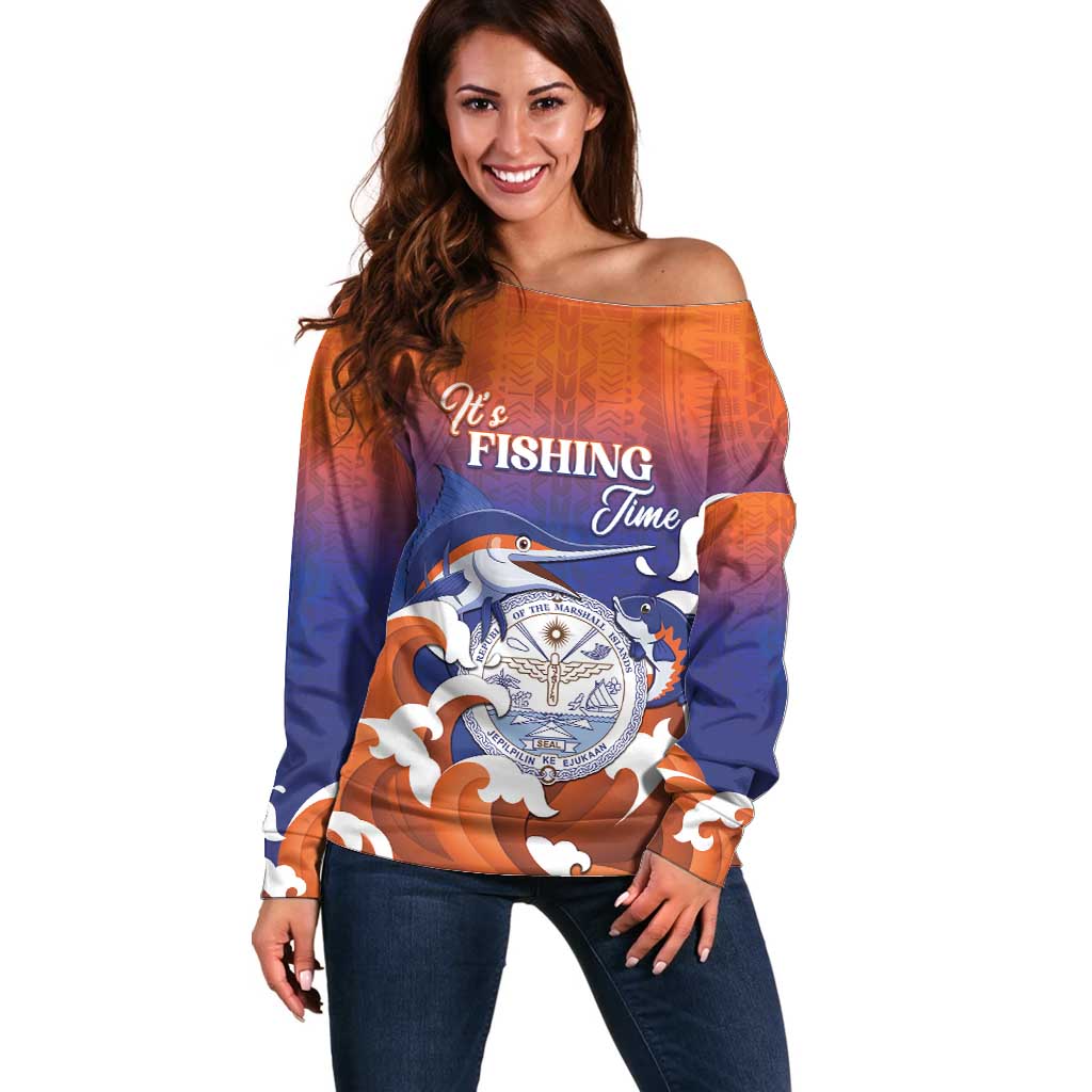 Marshall Islands Fishermen's Day Off Shoulder Sweater It's Fishing Time