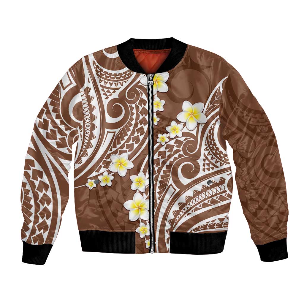 Plumeria With Brown Polynesian Tattoo Pattern Bomber Jacket