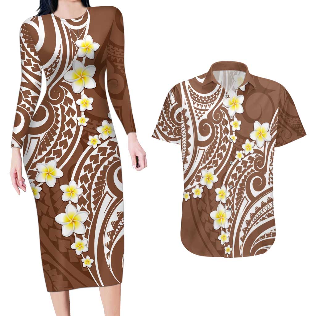 Plumeria With Brown Polynesian Tattoo Pattern Couples Matching Long Sleeve Bodycon Dress and Hawaiian Shirt LT05 Brown - Polynesian Pride