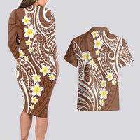 Plumeria With Brown Polynesian Tattoo Pattern Couples Matching Long Sleeve Bodycon Dress and Hawaiian Shirt LT05 - Polynesian Pride