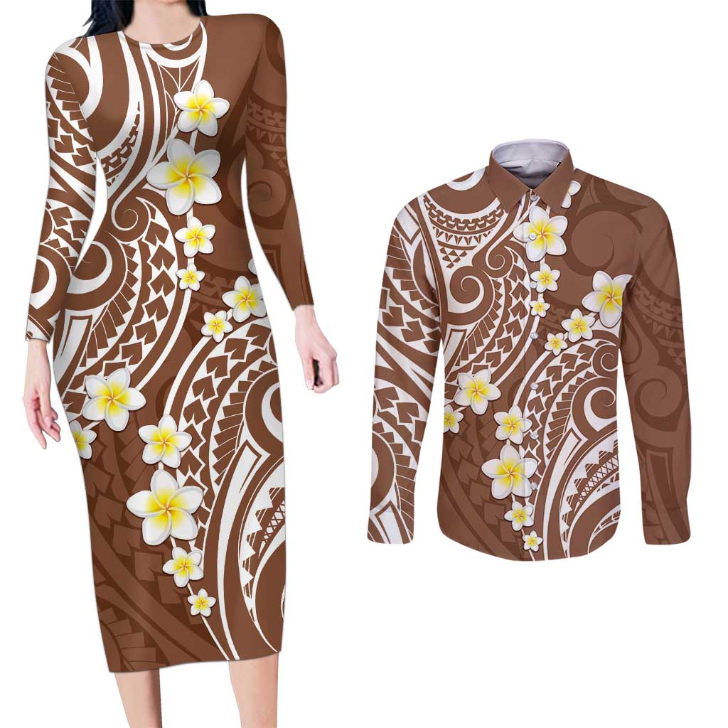 Plumeria With Brown Polynesian Tattoo Pattern Couples Matching Long Sleeve Bodycon Dress and Long Sleeve Button Shirt LT05 Brown - Polynesian Pride