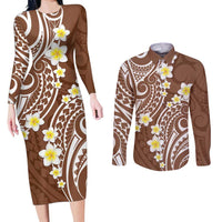 Plumeria With Brown Polynesian Tattoo Pattern Couples Matching Long Sleeve Bodycon Dress and Long Sleeve Button Shirt LT05 Brown - Polynesian Pride