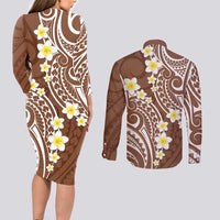 Plumeria With Brown Polynesian Tattoo Pattern Couples Matching Long Sleeve Bodycon Dress and Long Sleeve Button Shirt LT05 - Polynesian Pride