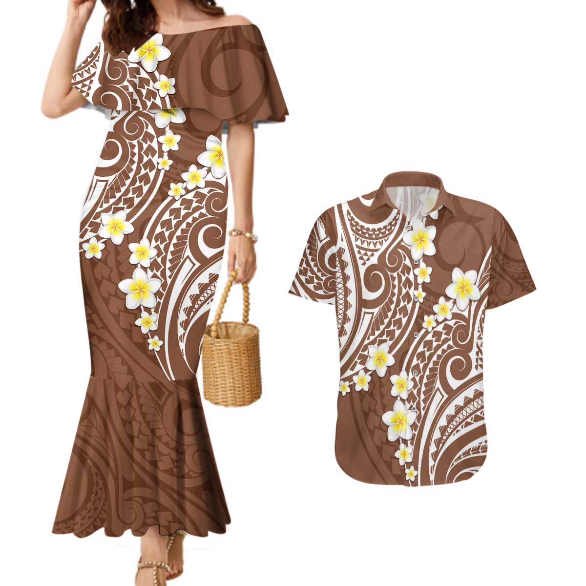 Plumeria With Brown Polynesian Tattoo Pattern Couples Matching Mermaid Dress and Hawaiian Shirt