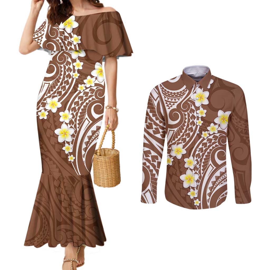 Plumeria With Brown Polynesian Tattoo Pattern Couples Matching Mermaid Dress and Long Sleeve Button Shirt LT05 Brown - Polynesian Pride