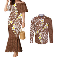 Plumeria With Brown Polynesian Tattoo Pattern Couples Matching Mermaid Dress and Long Sleeve Button Shirt LT05 Brown - Polynesian Pride