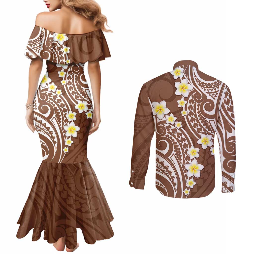 Plumeria With Brown Polynesian Tattoo Pattern Couples Matching Mermaid Dress and Long Sleeve Button Shirt LT05 - Polynesian Pride