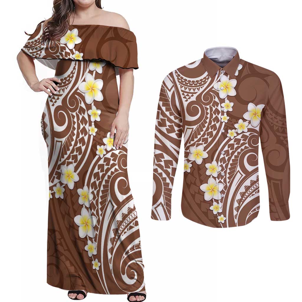 Plumeria With Brown Polynesian Tattoo Pattern Couples Matching Off Shoulder Maxi Dress and Long Sleeve Button Shirt LT05 Brown - Polynesian Pride
