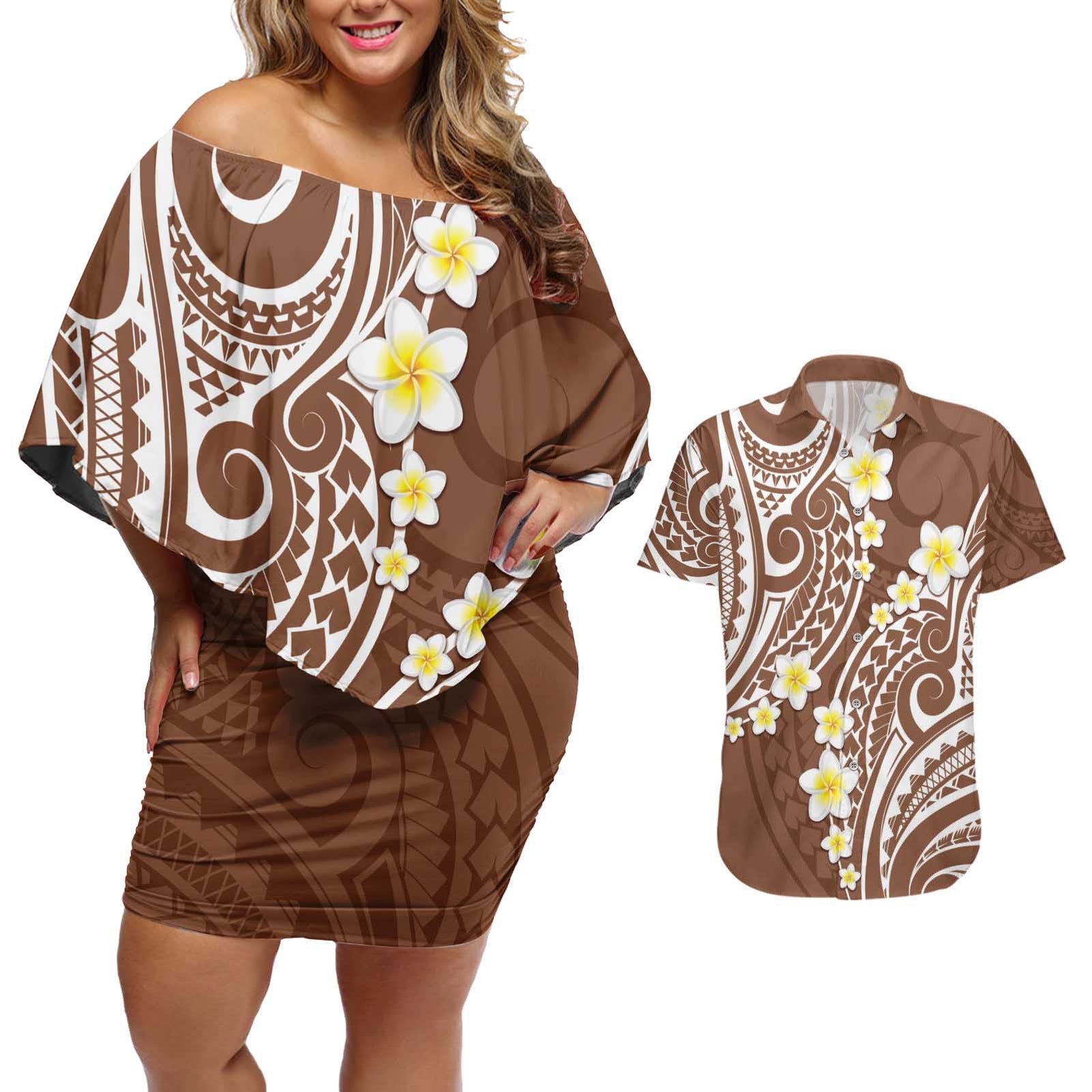 Plumeria With Brown Polynesian Tattoo Pattern Couples Matching Off Shoulder Short Dress and Hawaiian Shirt LT05 Brown - Polynesian Pride