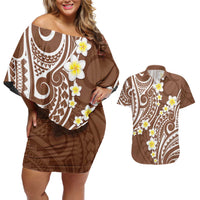 Plumeria With Brown Polynesian Tattoo Pattern Couples Matching Off Shoulder Short Dress and Hawaiian Shirt LT05 Brown - Polynesian Pride