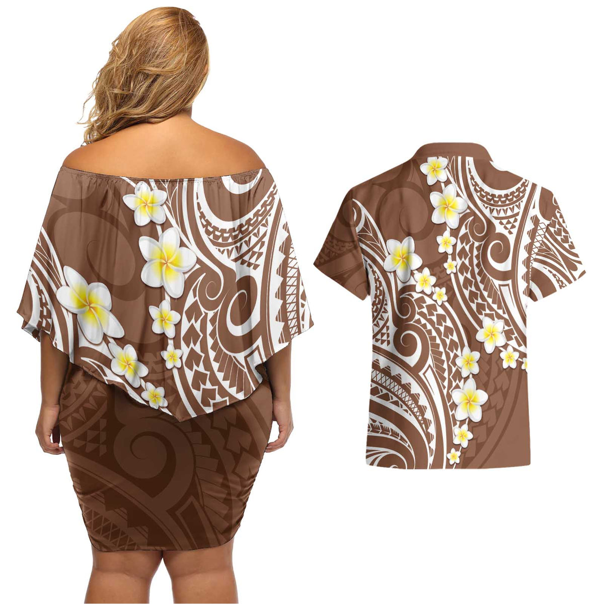 Plumeria With Brown Polynesian Tattoo Pattern Couples Matching Off Shoulder Short Dress and Hawaiian Shirt LT05 - Polynesian Pride