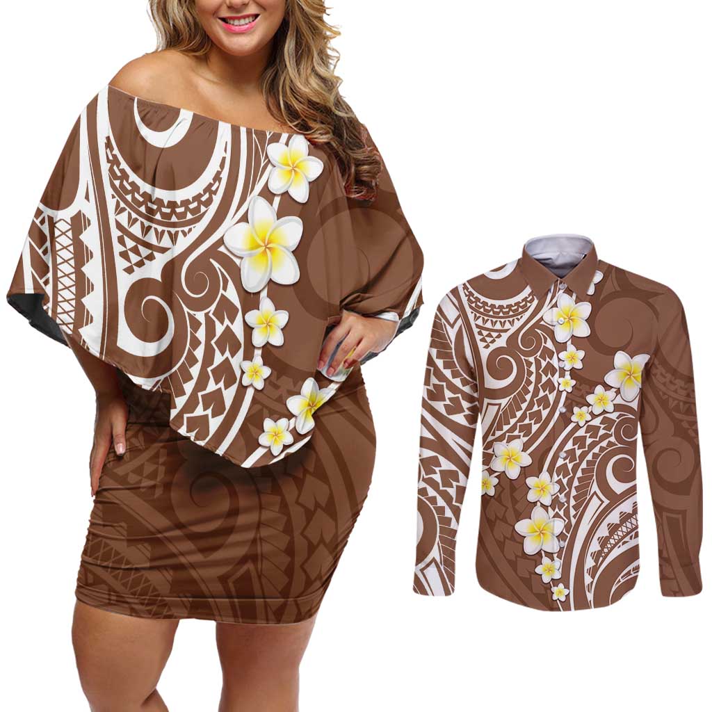 Plumeria With Brown Polynesian Tattoo Pattern Couples Matching Off Shoulder Short Dress and Long Sleeve Button Shirt LT05 Brown - Polynesian Pride