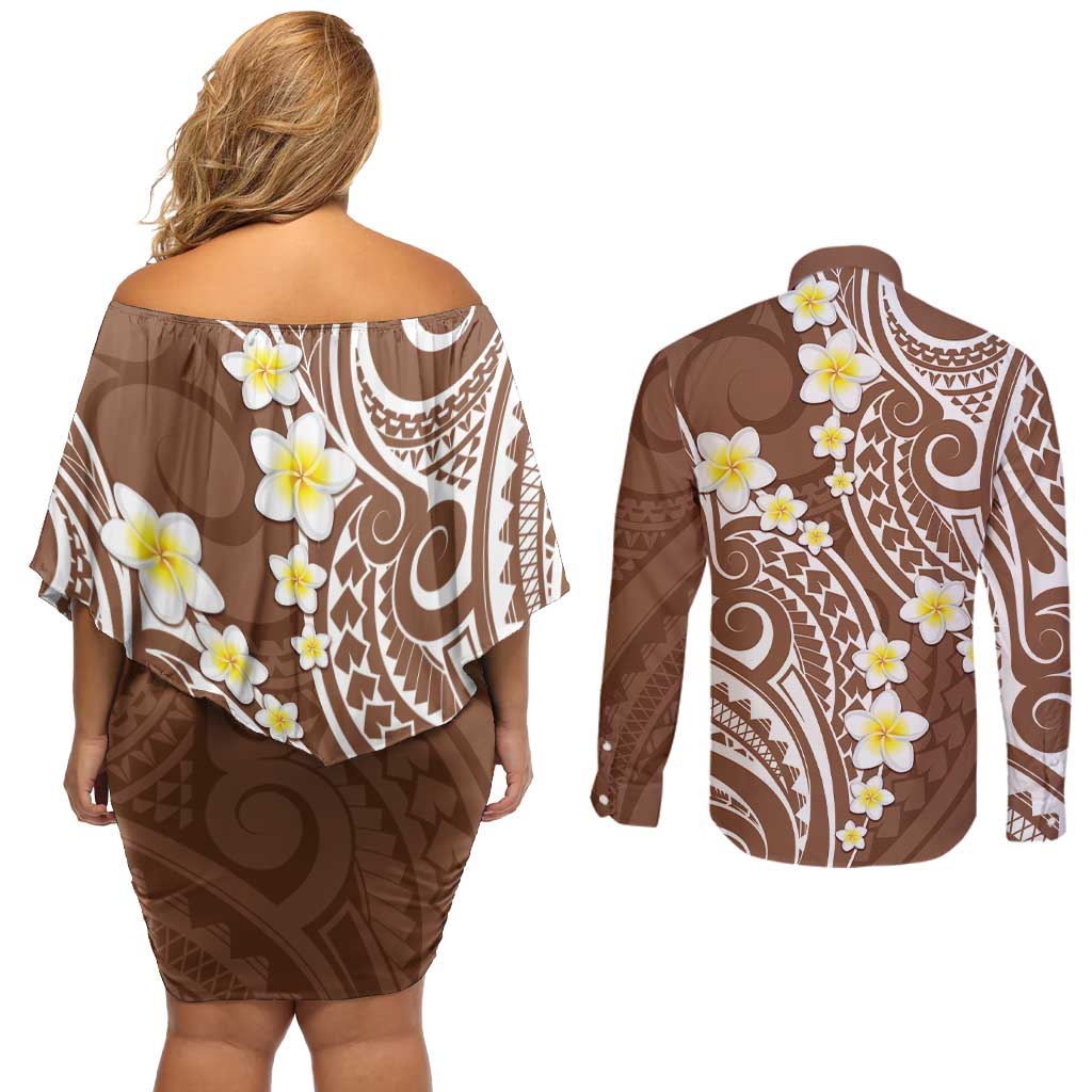 Plumeria With Brown Polynesian Tattoo Pattern Couples Matching Off Shoulder Short Dress and Long Sleeve Button Shirt LT05 - Polynesian Pride