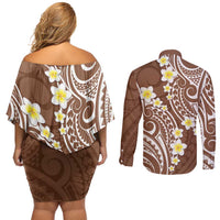 Plumeria With Brown Polynesian Tattoo Pattern Couples Matching Off Shoulder Short Dress and Long Sleeve Button Shirt LT05 - Polynesian Pride