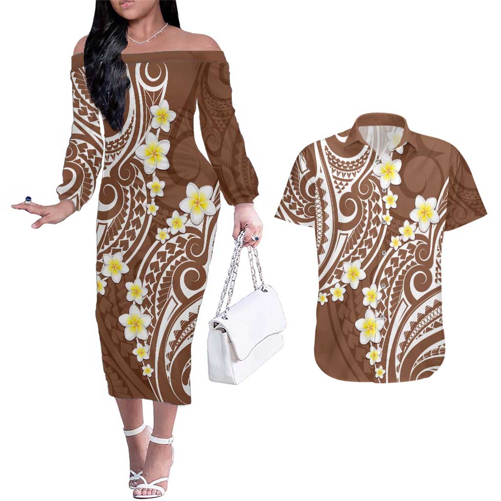 Plumeria With Brown Polynesian Tattoo Pattern Couples Matching Off The Shoulder Long Sleeve Dress and Hawaiian Shirt LT05 Brown - Polynesian Pride