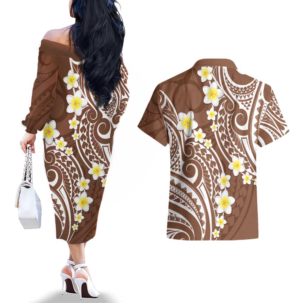 Plumeria With Brown Polynesian Tattoo Pattern Couples Matching Off The Shoulder Long Sleeve Dress and Hawaiian Shirt LT05 - Polynesian Pride