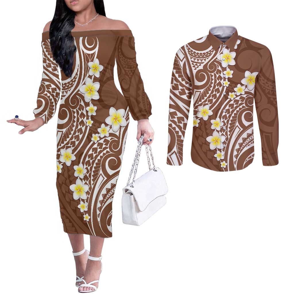 Plumeria With Brown Polynesian Tattoo Pattern Couples Matching Off The Shoulder Long Sleeve Dress and Long Sleeve Button Shirt LT05 Brown - Polynesian Pride