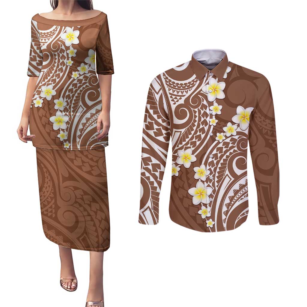 Plumeria With Brown Polynesian Tattoo Pattern Couples Matching Puletasi and Long Sleeve Button Shirt LT05 Brown - Polynesian Pride