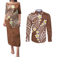 Plumeria With Brown Polynesian Tattoo Pattern Couples Matching Puletasi and Long Sleeve Button Shirt LT05 Brown - Polynesian Pride