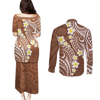 Plumeria With Brown Polynesian Tattoo Pattern Couples Matching Puletasi and Long Sleeve Button Shirt LT05 - Polynesian Pride