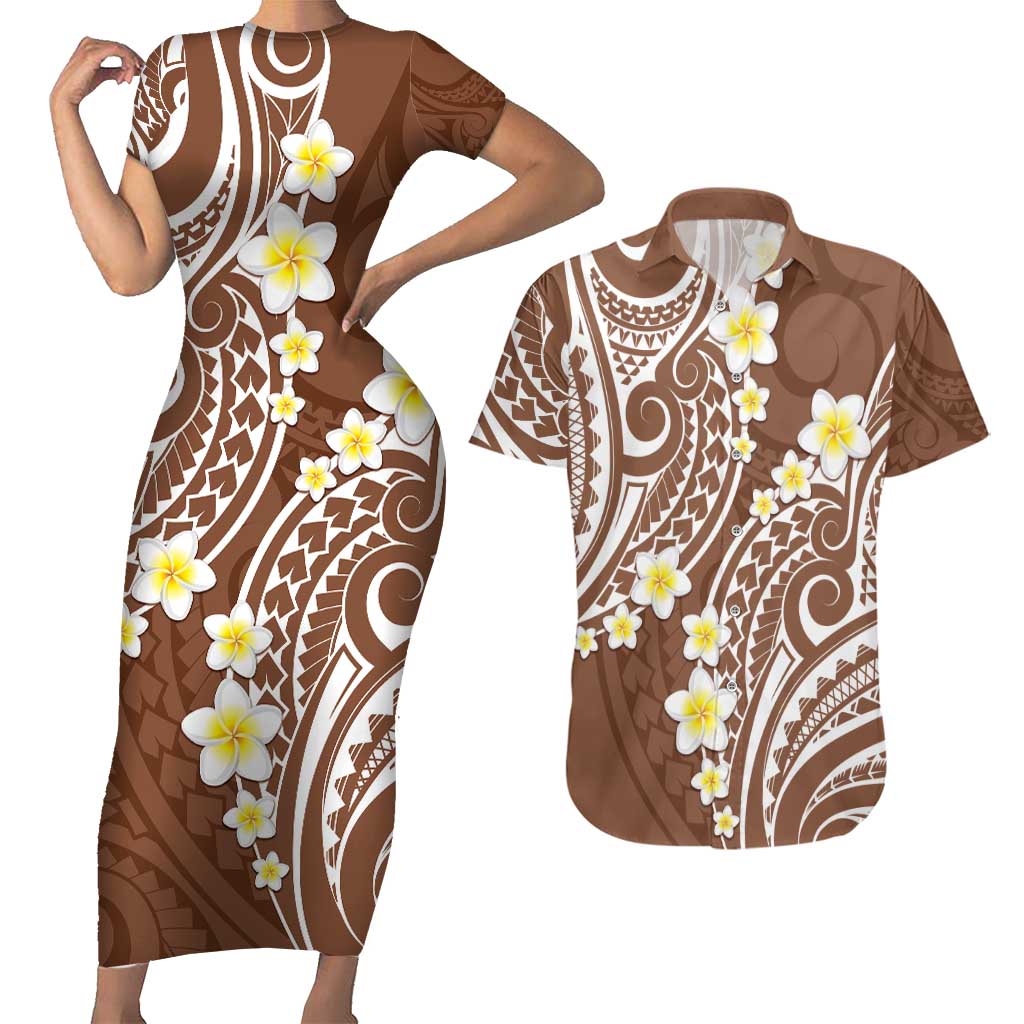 Plumeria With Brown Polynesian Tattoo Pattern Couples Matching Short Sleeve Bodycon Dress and Hawaiian Shirt LT05 Brown - Polynesian Pride