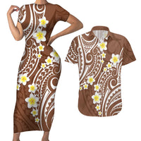 Plumeria With Brown Polynesian Tattoo Pattern Couples Matching Short Sleeve Bodycon Dress and Hawaiian Shirt LT05 Brown - Polynesian Pride