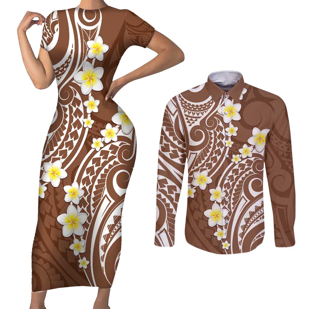 Plumeria With Brown Polynesian Tattoo Pattern Couples Matching Short Sleeve Bodycon Dress and Long Sleeve Button Shirt LT05 Brown - Polynesian Pride