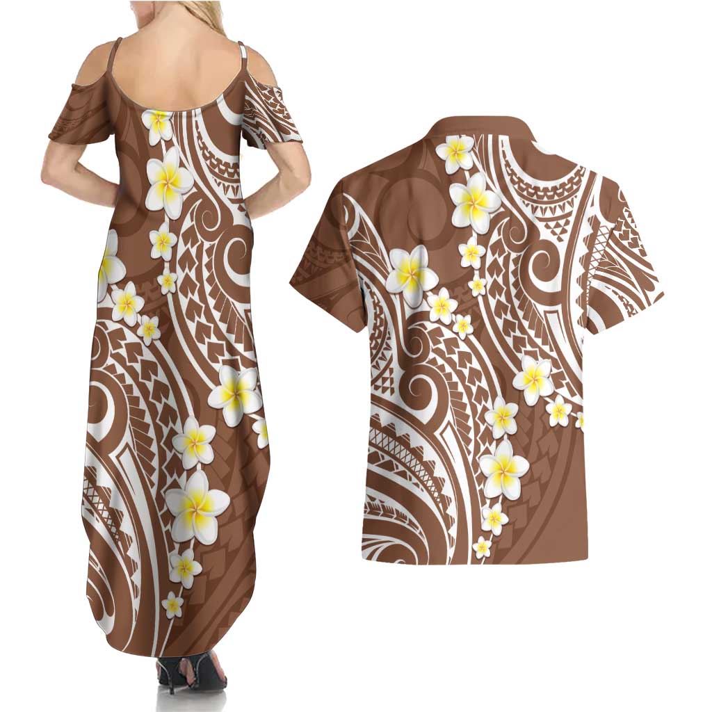 Plumeria With Brown Polynesian Tattoo Pattern Couples Matching Summer Maxi Dress and Hawaiian Shirt LT05 - Polynesian Pride