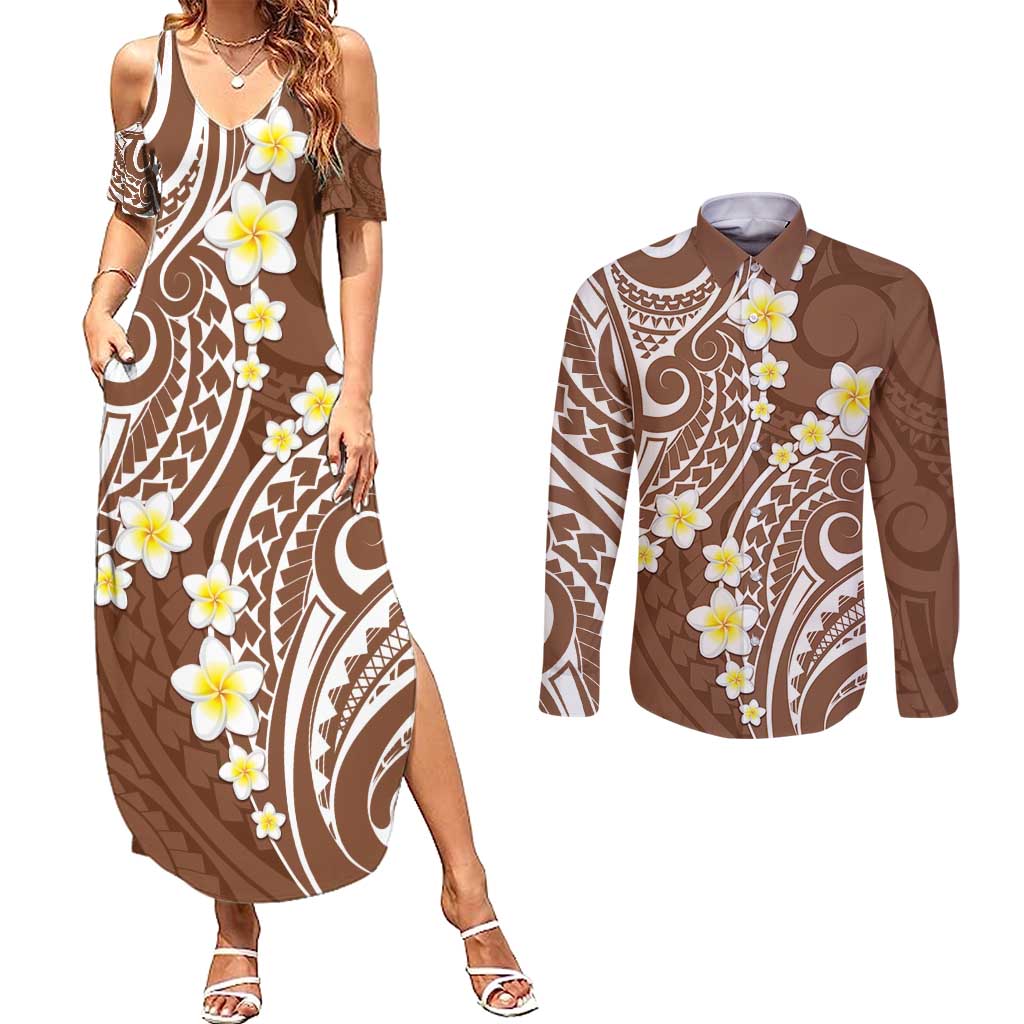 Plumeria With Brown Polynesian Tattoo Pattern Couples Matching Summer Maxi Dress and Long Sleeve Button Shirt LT05 Brown - Polynesian Pride