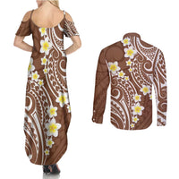 Plumeria With Brown Polynesian Tattoo Pattern Couples Matching Summer Maxi Dress and Long Sleeve Button Shirt LT05 - Polynesian Pride