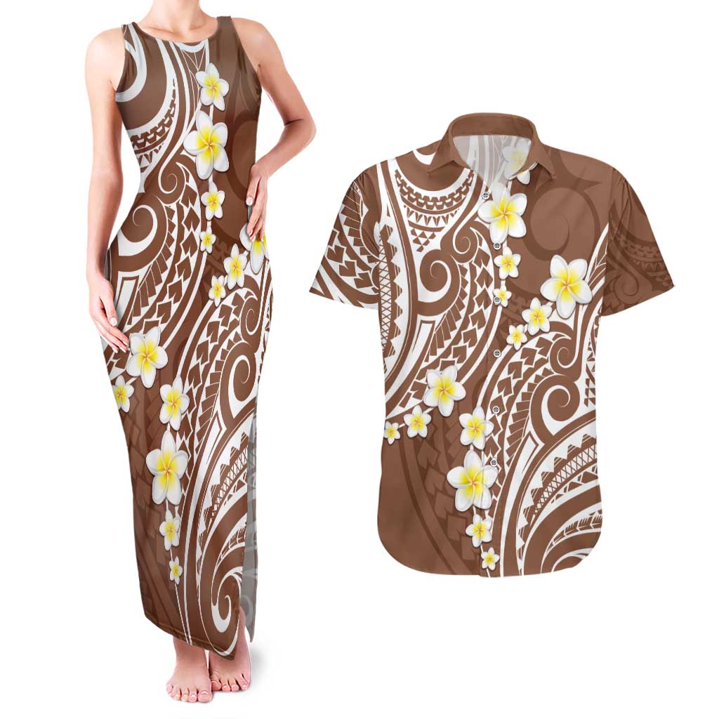 Plumeria With Brown Polynesian Tattoo Pattern Couples Matching Tank Maxi Dress and Hawaiian Shirt LT05 Brown - Polynesian Pride