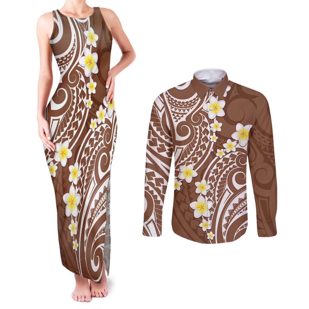Plumeria With Brown Polynesian Tattoo Pattern Couples Matching Tank Maxi Dress and Long Sleeve Button Shirt LT05 Brown - Polynesian Pride