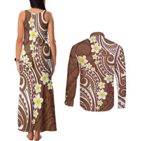 Plumeria With Brown Polynesian Tattoo Pattern Couples Matching Tank Maxi Dress and Long Sleeve Button Shirt LT05 - Polynesian Pride