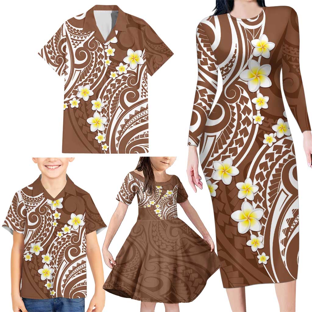 Plumeria With Brown Polynesian Tattoo Pattern Family Matching Long Sleeve Bodycon Dress and Hawaiian Shirt