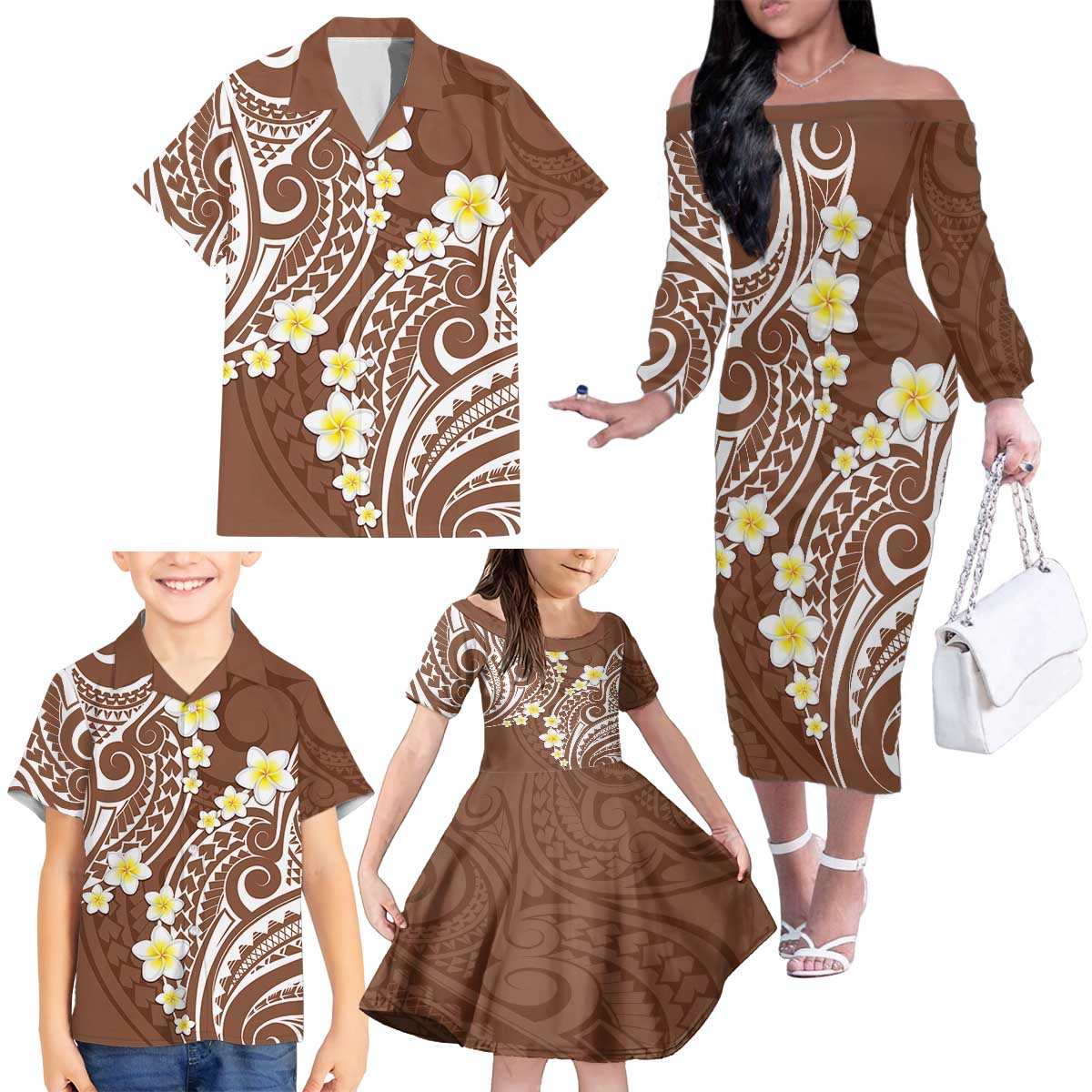 Plumeria With Brown Polynesian Tattoo Pattern Family Matching Off The Shoulder Long Sleeve Dress and Hawaiian Shirt LT05 - Polynesian Pride