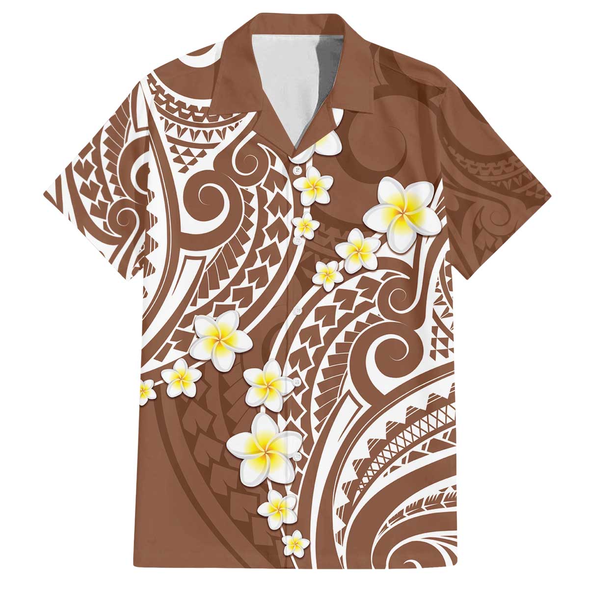 Plumeria With Brown Polynesian Tattoo Pattern Family Matching Off The Shoulder Long Sleeve Dress and Hawaiian Shirt