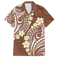 Plumeria With Brown Polynesian Tattoo Pattern Family Matching Off The Shoulder Long Sleeve Dress and Hawaiian Shirt
