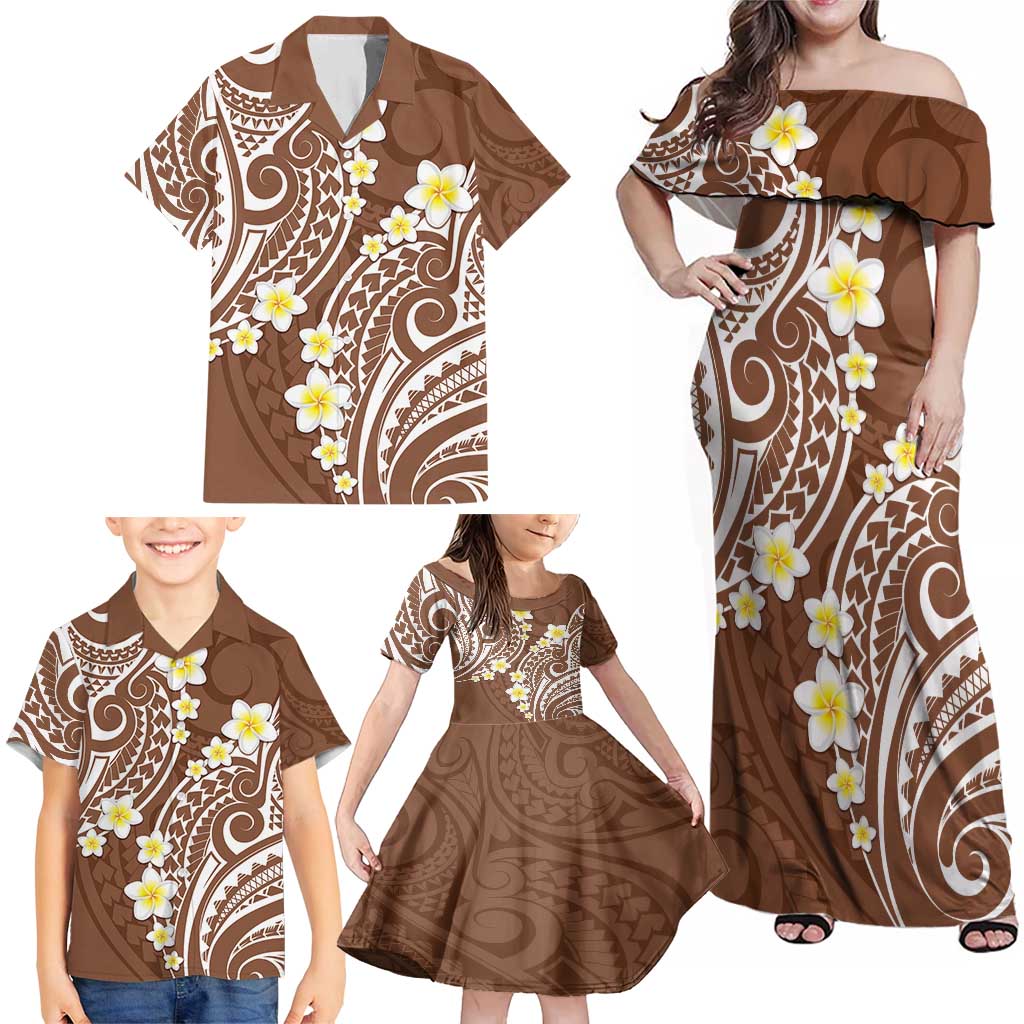 Plumeria With Brown Polynesian Tattoo Pattern Family Matching Off Shoulder Maxi Dress and Hawaiian Shirt