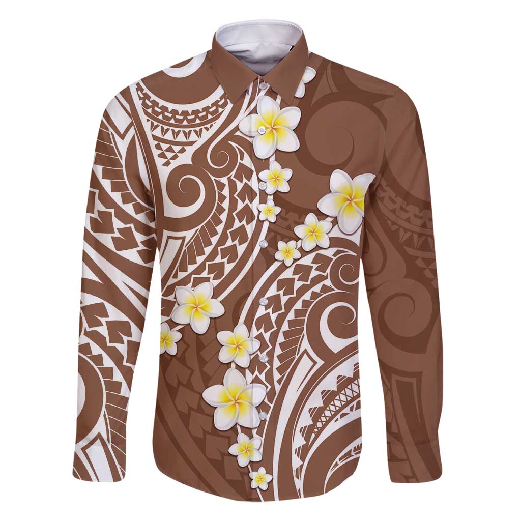 Plumeria With Brown Polynesian Tattoo Pattern Family Matching Off Shoulder Maxi Dress and Hawaiian Shirt LT05 Dad's Shirt - Long Sleeve Brown - Polynesian Pride