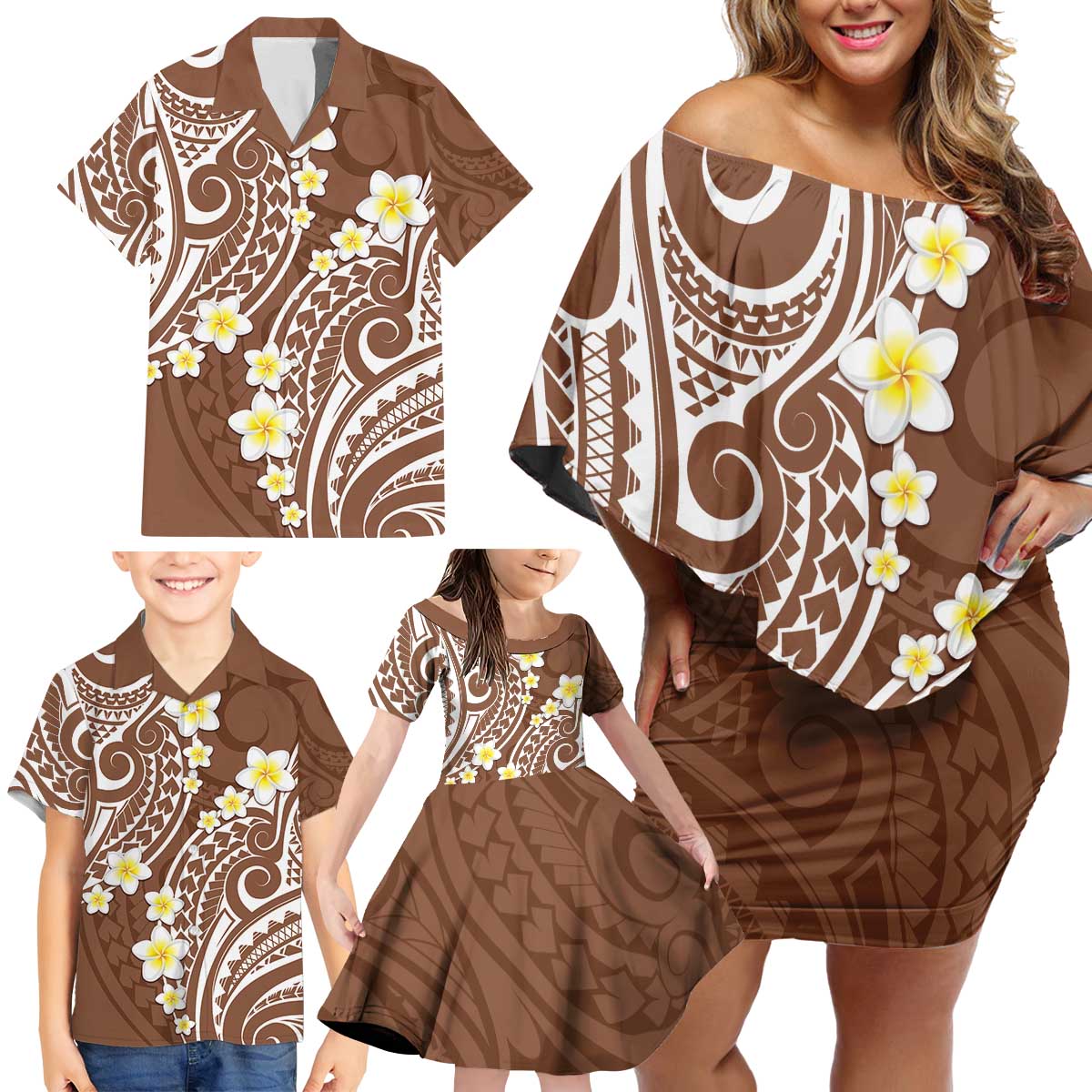 Plumeria With Brown Polynesian Tattoo Pattern Family Matching Off Shoulder Short Dress and Hawaiian Shirt LT05 - Polynesian Pride