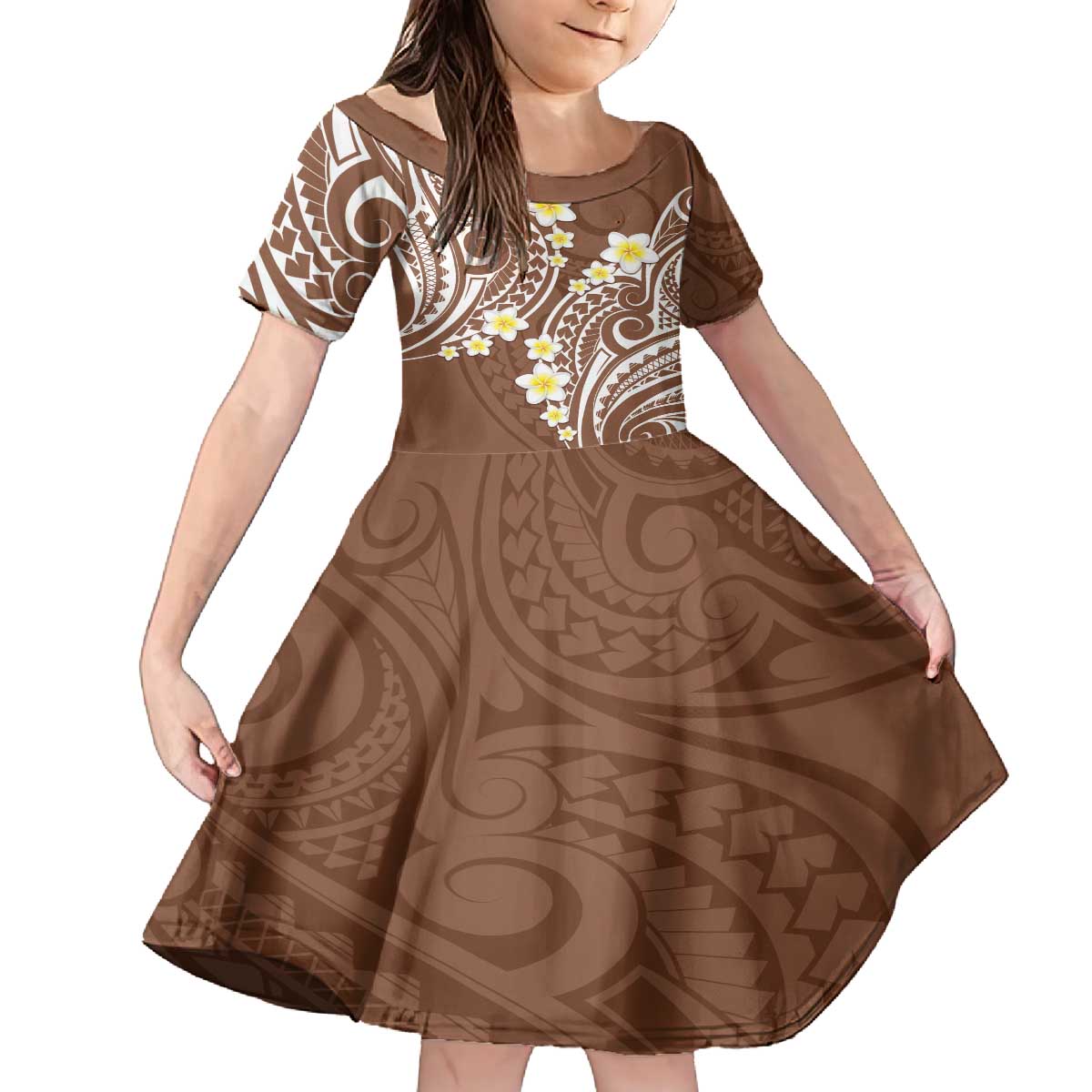 Plumeria With Brown Polynesian Tattoo Pattern Family Matching Puletasi and Hawaiian Shirt LT05 Daughter's Dress Brown - Polynesian Pride