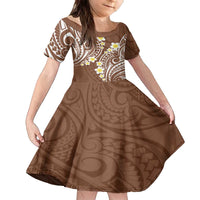 Plumeria With Brown Polynesian Tattoo Pattern Family Matching Puletasi and Hawaiian Shirt LT05 Daughter's Dress Brown - Polynesian Pride