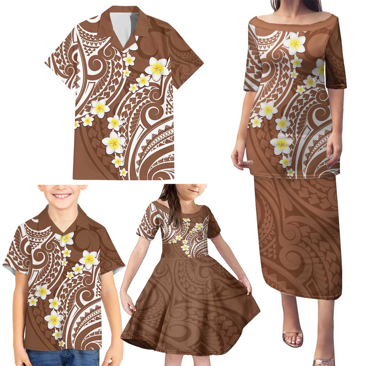 Plumeria With Brown Polynesian Tattoo Pattern Family Matching Puletasi and Hawaiian Shirt