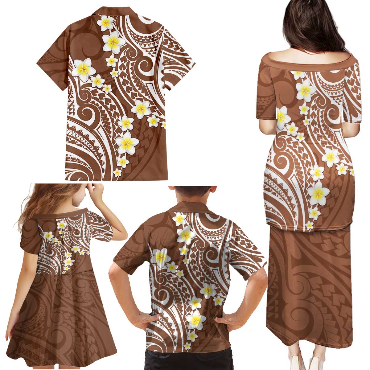 Plumeria With Brown Polynesian Tattoo Pattern Family Matching Puletasi and Hawaiian Shirt LT05 - Polynesian Pride