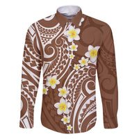 Plumeria With Brown Polynesian Tattoo Pattern Family Matching Puletasi and Hawaiian Shirt LT05 Dad's Shirt - Long Sleeve Brown - Polynesian Pride